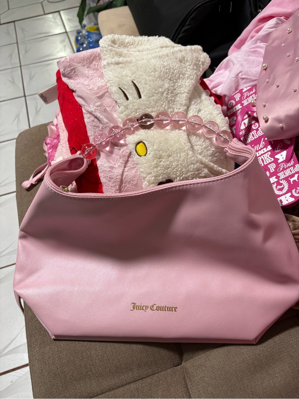 Juicy Couture Light Pink Shoulder Bag with Clear Bead Handle